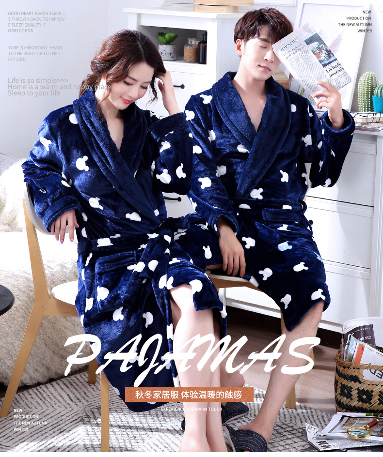 Flannel pyjama nam và nữ dễ thương áo ngủ cardigan mùa xuân và mùa thu nhung san hô mùa đông cộng với áo choàng dài đôi dày bộ đồ ngủ 2 dây