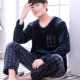 Flannel đồ ngủ nam mùa đông dày san hô lông cừu thanh niên đội mũ dịch vụ nhà hoạt hình vòng cổ đồ ngủ đặt bộ mặc nhà