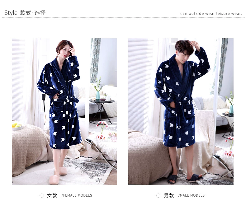 Flannel pyjama nam và nữ dễ thương áo ngủ cardigan mùa xuân và mùa thu nhung san hô mùa đông cộng với áo choàng dài đôi dày