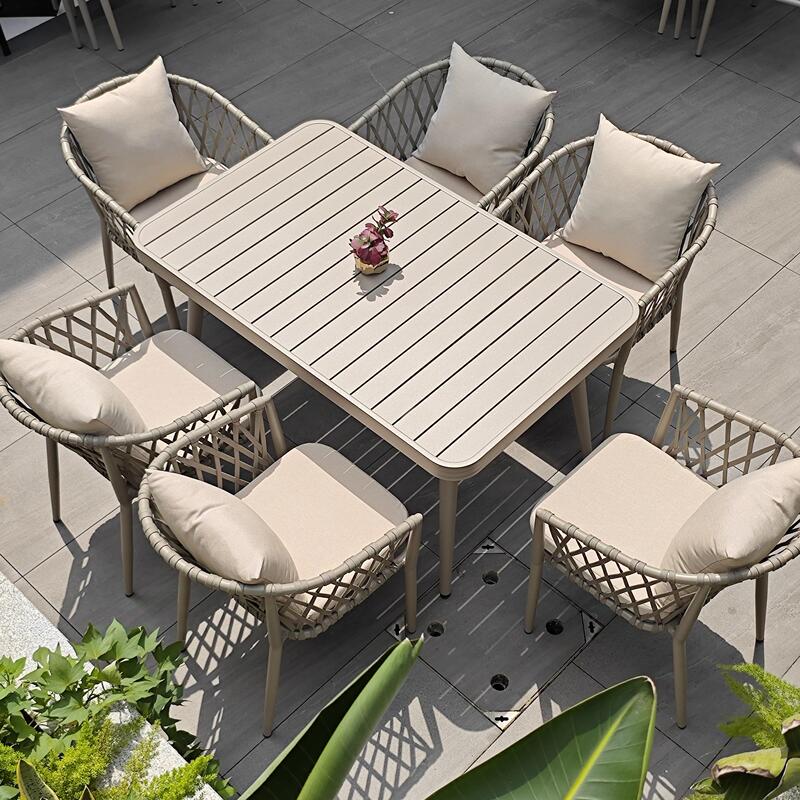 Outdoor Tables and Chairs for Courtyard Villas, Outdoor Garden Terrace Rattan Chair Set, Open-Air Leisure Rope-Woven Aluminum Alloy Tables and Chairs