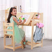 Solid wood childrens learning desk can be lifted table and chair set pine wood primary school desk childrens desk writing desk