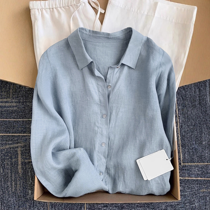 French-Style Lazy Misty Blue Cotton and Linen Shirt for Women, New Spring and Autumn Style, High-End Long-Sleeved Loose Breathable Linen Shirt