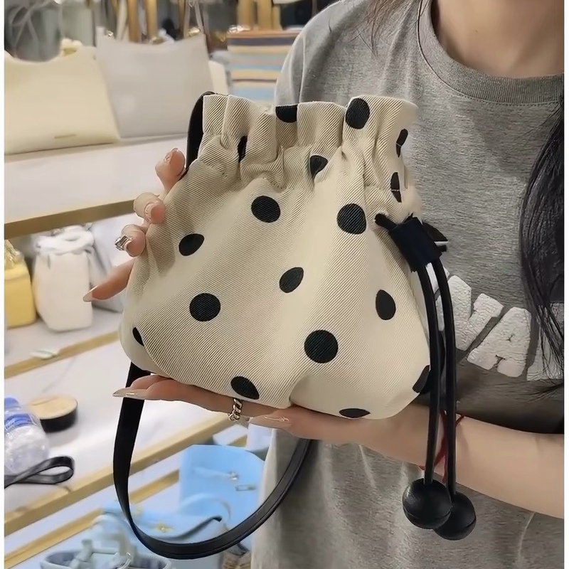New Linen Polka Dot Drawstring Small Lucky Bag Shoulder Crossbody Bucket Bag Exquisite Lightweight Women's Bag 5181
