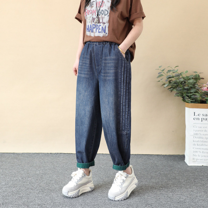 2026 New Style Plain Wrinkled Patchwork Jeans, Loose Plus-Size Women's Cropped Harem Pants, Thin Summer Pants for Slightly Plump Figures 2026 New Style Plain Wrinkled Patchwork Jeans, Loose Plus-Size Women's Cropped Harem Pants, Thin Summer Pants for Slightly Plump Figures