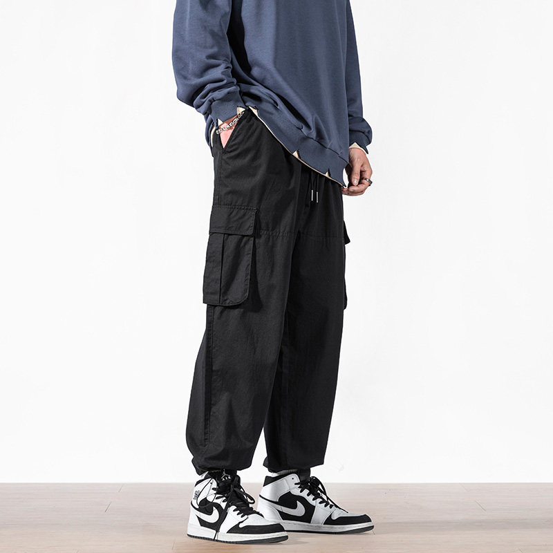 Tooling pants men's spring and autumn cash drawing rope loose bunches legs Tide Cards Winter Plus Suede Black Casual Long Pants