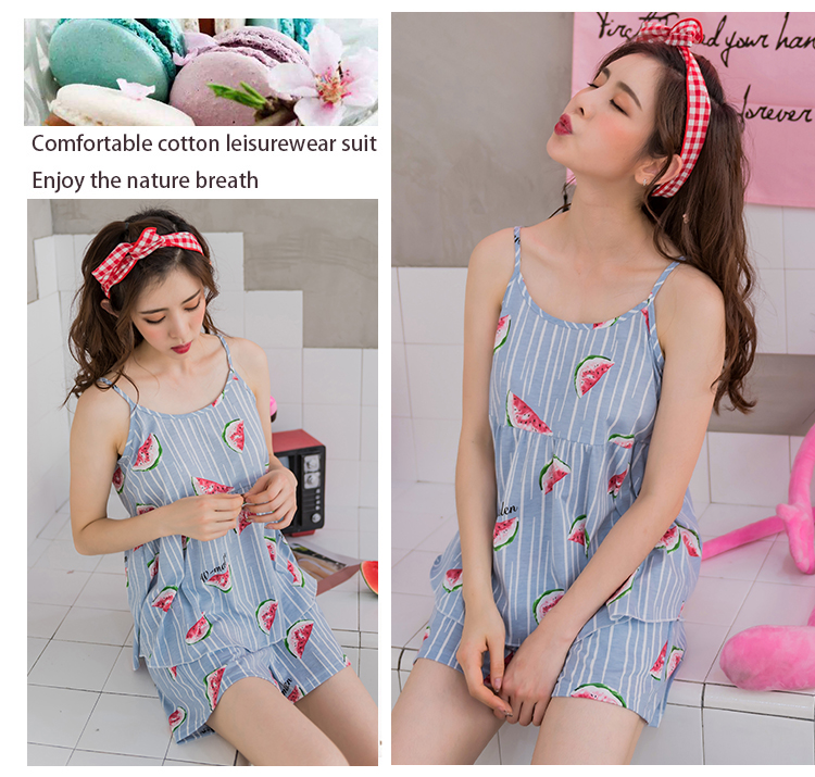 Mùa hè sling bông đồ ngủ nữ sinh viên XL không tay vest sọc có thể được đeo bên ngoài Hàn Quốc quần short dịch vụ nhà bộ mặc nhà