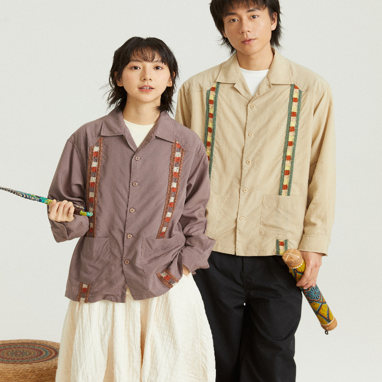 Oadb Retro Japanese Style Ethnic Contrasting Webbing Tencel Thin Guya Bella Cuban Lapel Long-Sleeved Shirt for Men and Women