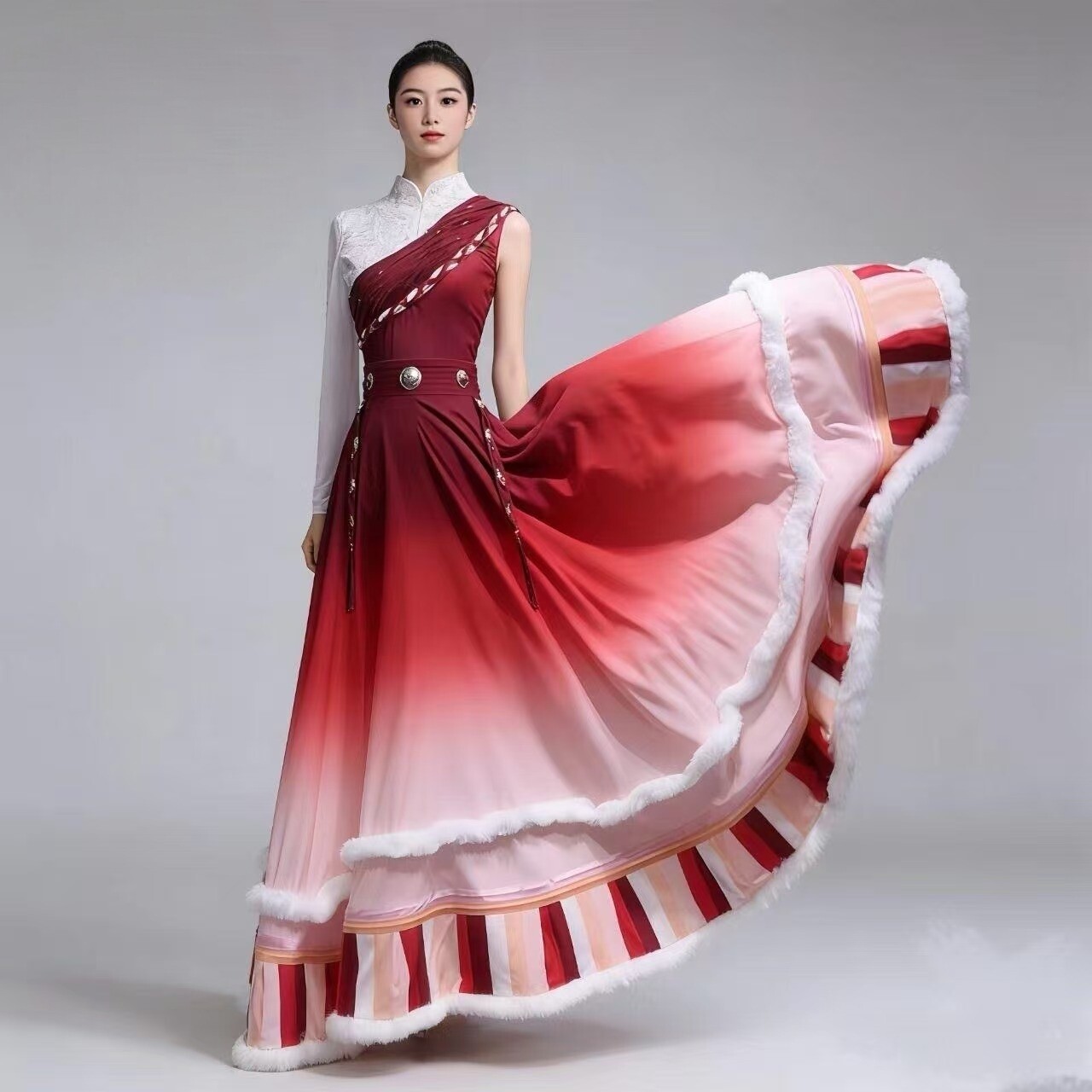 女性向けの新しいチベット舞踊パフォーマンス衣装、大きなスカートが付いたチベット芸術試験衣装。演劇公演、チベット芸術試験の採点、コンクールに適しています。