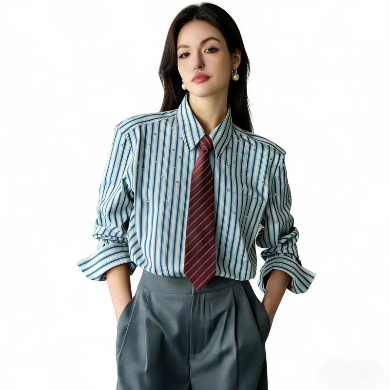 Original Genuine Product "Gypsophila" European Imported Riopele Cotton Rhinestone Anti-Wrinkle Striped Long-Sleeve Shirt for Women Original Genuine Product "Gypsophila" European Imported Riopele Cotton Rhinestone Anti-Wrinkle Striped Long-Sleeve Shirt for Women