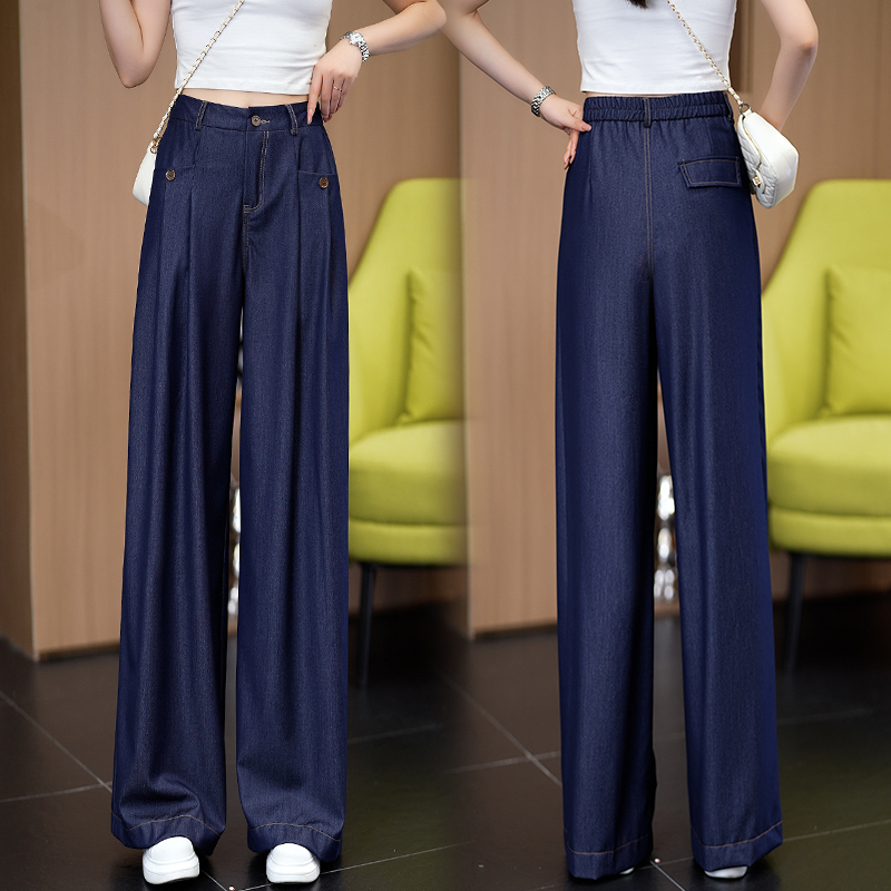 Denim Blue Tencel Wide-Leg Pants for Women 2026 Summer Thin High-Waisted Slimming Loose Drape Straight Pants