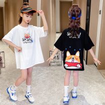 Girl Short Sleeve T-shirt 2022 New Summer Dress Mid-Length Child CUHK Child Pure Cotton Korean Version Loose Summer Blouse