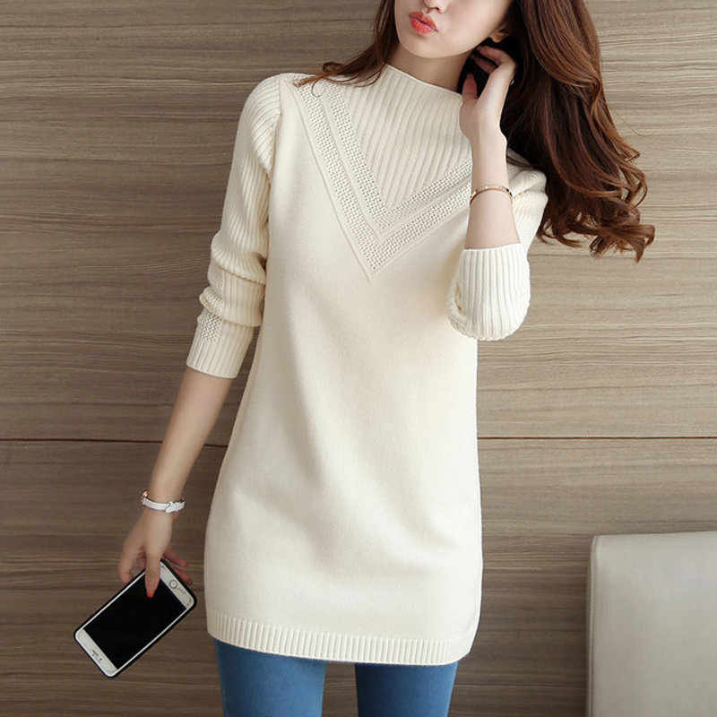 2022 new all-match loose sweater women's medium and long version spring and autumn women's wear pullover half turtleneck bottoming sweater