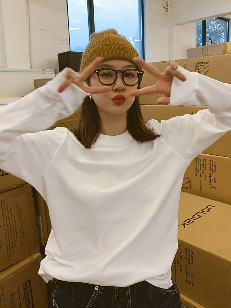 2021 autumn all-match cotton white round neck long-sleeved T-shirt women's Korean version loose and thin bottoming top