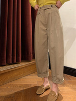 2021 Spring new Korean version Temperament High Waist Tooling West Pants Woman Loose 100 Lap Casual Straight Barrel Broadlegged Trousers