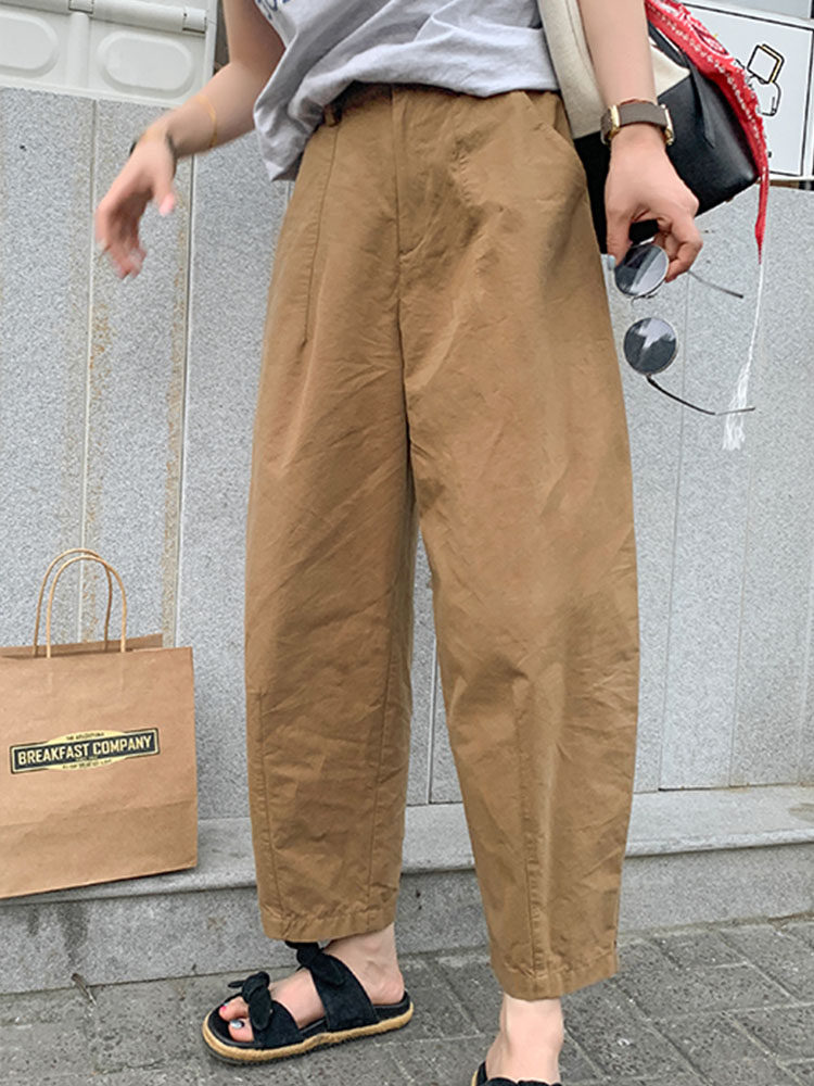 Summer thin retro thin semi-elastic waist straight casual pants women's Japanese cotton loose all-match wide-leg trousers