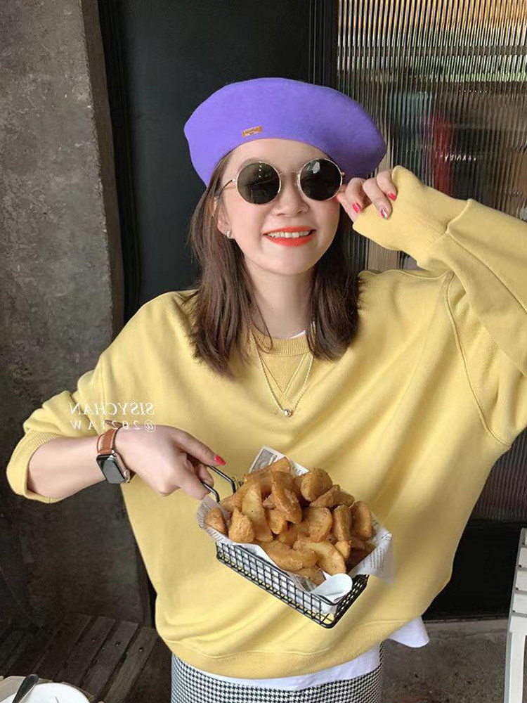 Spring and autumn all-match cotton color round neck thick cotton T women's Korean version age-reducing loose lazy wind casual pullover long-sleeved top