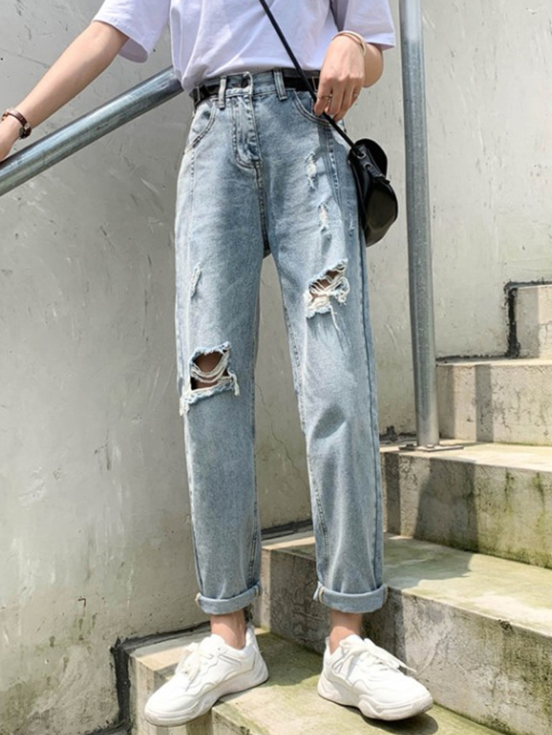 Large size women's hole jeans lax pants in 2021 new daddy pants beggar ninety - point daddy pants tide