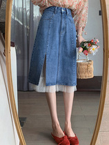 Big Code Lace Splicing Denim Half Body Dress Pears Shape Slim Fit Slim Fit Slim Open Fork A Word Half Skirt Summer