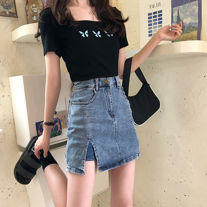 2021 Spring size size Fat younger sister mm Jeans Half Body Dress Short a word dress net red short dress Spice Girls' Ins superfire