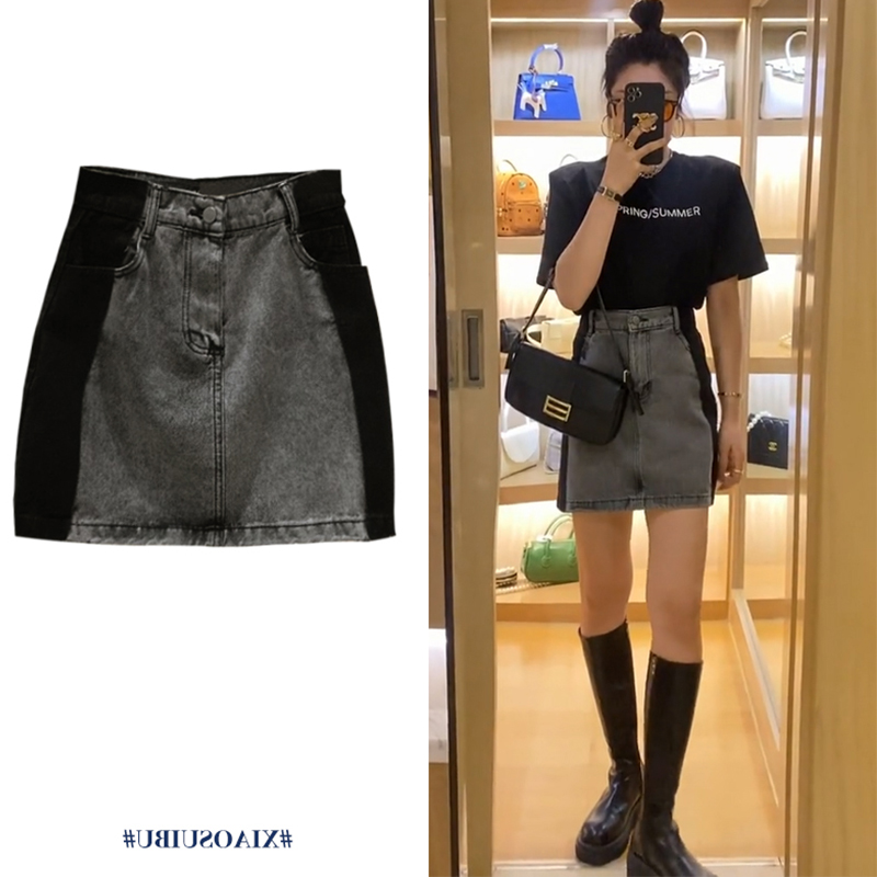 Large-yard smoke gray pear type tall waist cowboy half-body short skirt obese wearing spring and autumn