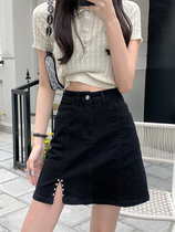Black nail beading half body dress a word pear shape woman summer big code Fat younger sister Canopy Slim Open Fork Cowboy Short Skirt