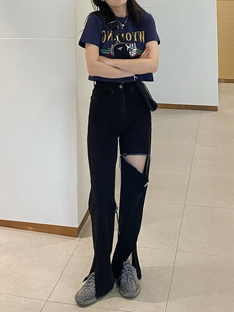 Large Size Pants Black Jeans Black Jeans Straight Barrel Fat sister mm pants Thin High Waist Crack Pants Woman Hot girl Personality Tide