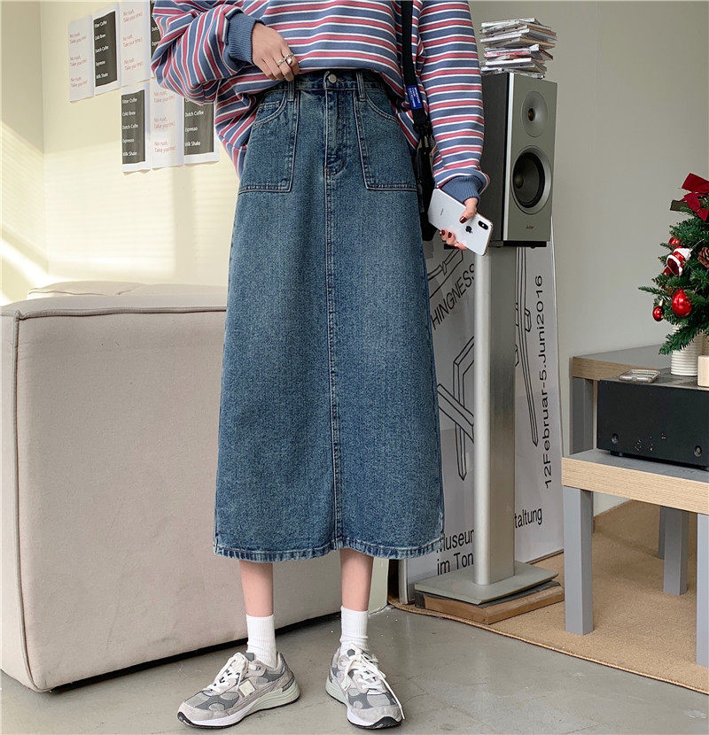 Retro Blue Denim Half Skirt Woman 2022 new Summer Grand size Size Fat Sister slim cover Crossed Open Fork A Hip-shaped Hip Skirt