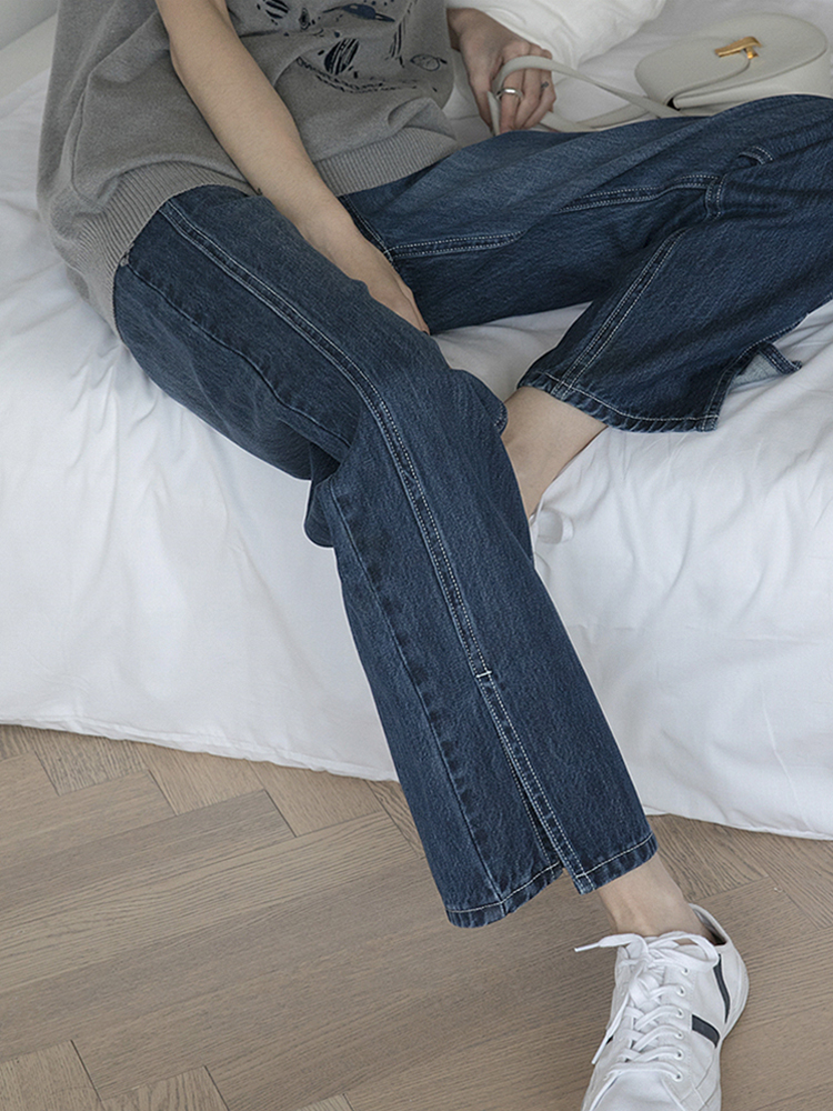 Pear-shaped figure wears large size slit denim pants fat sister mm high waist straight wide leg slit cropped pants trendy