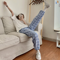 Blue lattice pants womens tide summer pants thin fat sister large size wide leg pants high waist slim casual pants