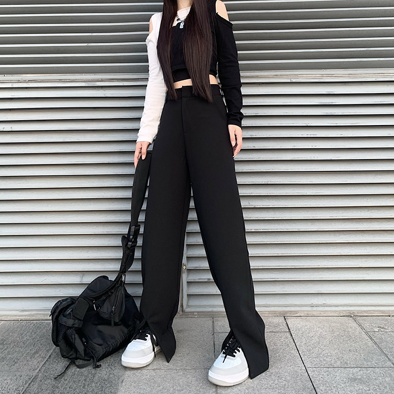 2021 Pop Woman Dress New Spring Dress Big Size Front Open Fork Casual Western Dress Pants Wide Leg Slim Fit 100 Lap Straight Fit Pants Tide