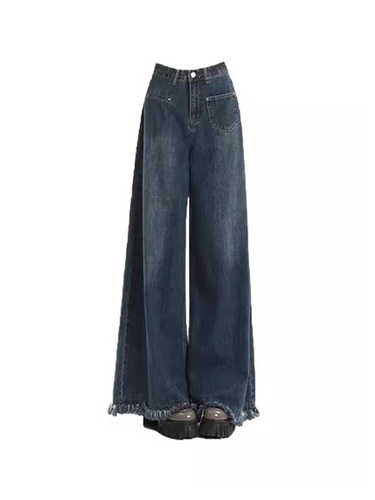 毛边a版阔腿牛仔裤女梨型身材显瘦裤子大码胖mm流苏大裤腿直筒裤