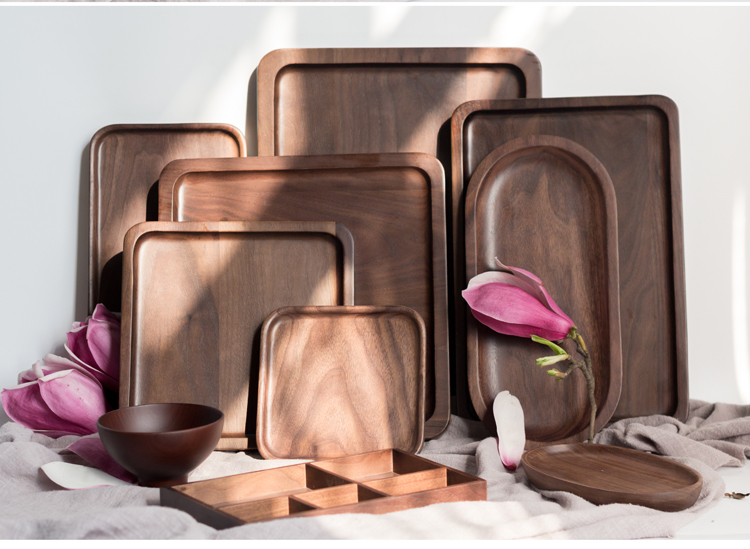 Nhật bản khay gỗ hình chữ nhật óc chó màu đen khay trà hộ gia đình nước cup tray rắn tấm gỗ bánh tấm gỗ khay trà gỗ