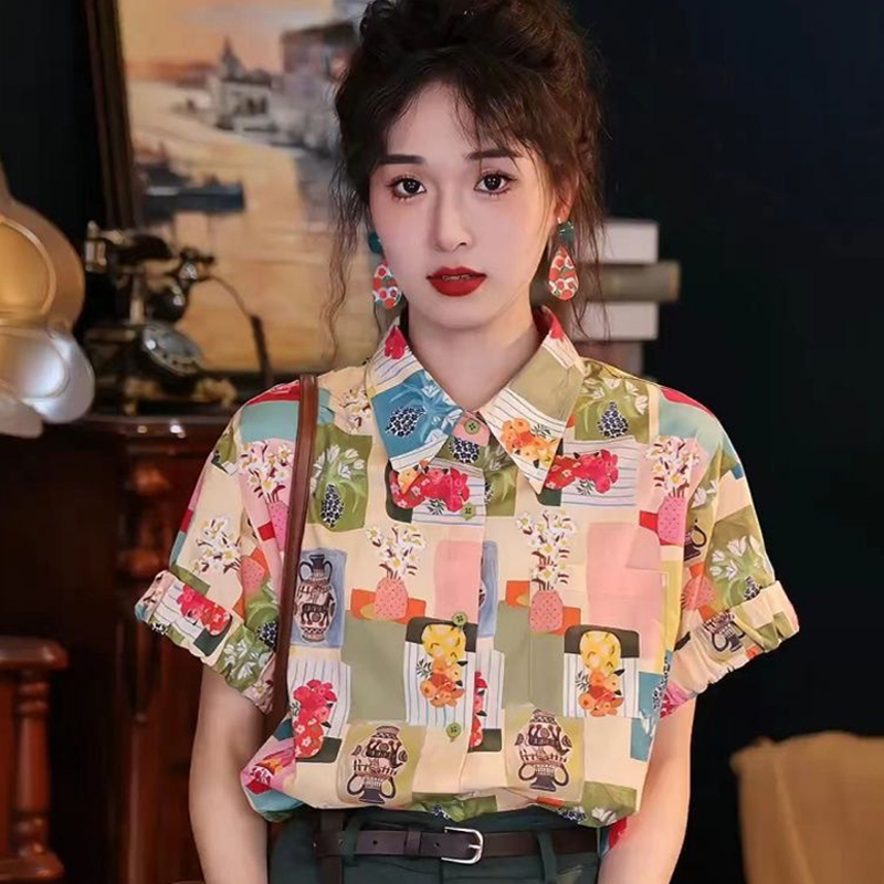 Hong Kong Style Retro Floral Shirt Women's Short-Sleeved Summer Thailand Yunnan Dali Travel Vacation Dopamine Print Shirt Hong Kong Style Retro Floral Shirt Women's Short-Sleeved Summer Thailand Yunnan Dali Travel Vacation Dopamine Print Shirt