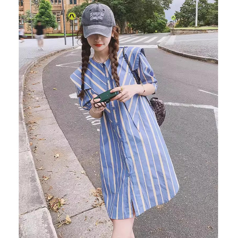 College Style Blue Striped Shirt Dress for Women, Summer 2025 New Sweet and Age-Reducing Navy Collar Loose Dress
