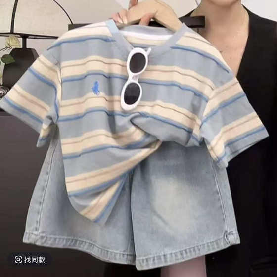 
Children's contrasting striped short-sleeved T-shirt for boys 2025 summer new trendy brand loose design American top for women