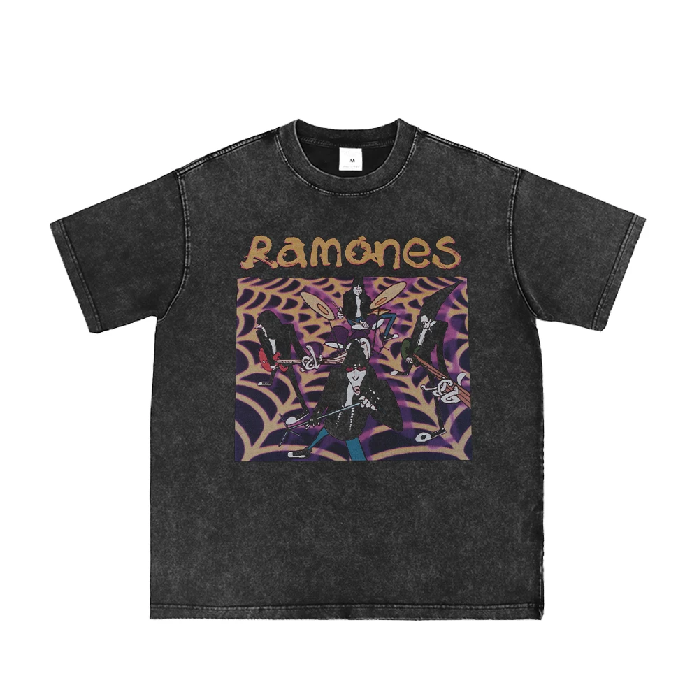 RAMONES Ramones состаренная потертая серая ретро американская уличная панк-рок группа свободная футболка рукавами