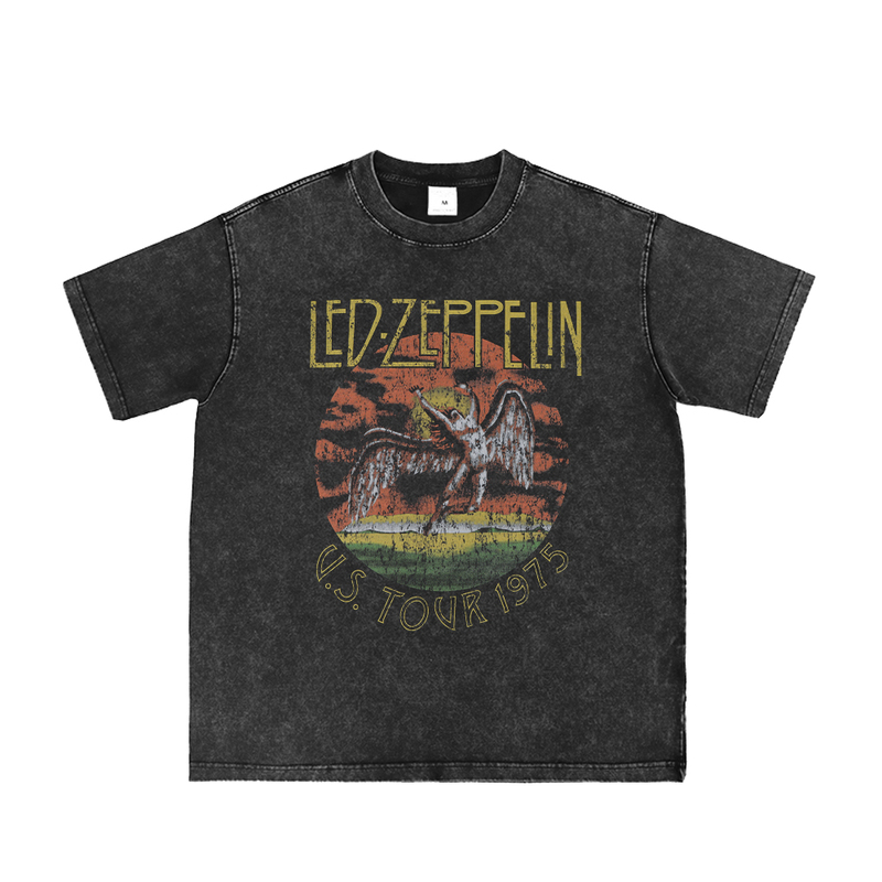 Ledzeppelin Vintage-Style Distressed Led Zeppelin Band Retro Gray American Street Rock Long and Short Sleeve T-Shirt