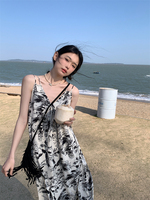 Seaside resort style ink painting dress women's floral suspender skirt small retro loose slim skirt women's clothing