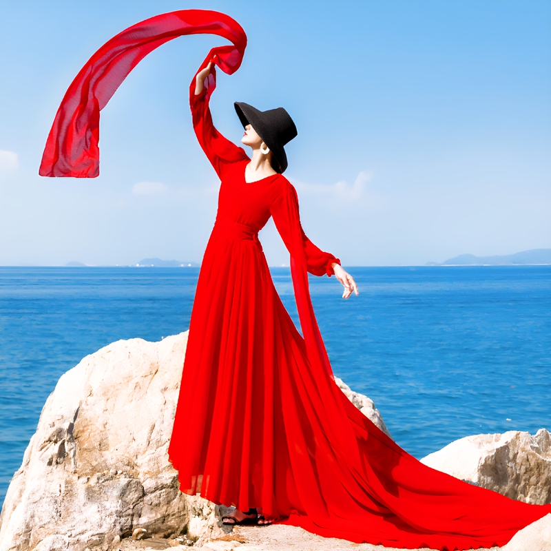 Sanya Qinghai Beach Dress, Super Fairy-Like Seaside Vacation Annual Party Dress, Red Long Train Desert Dress, Flowing and Elegant for Photoshoots