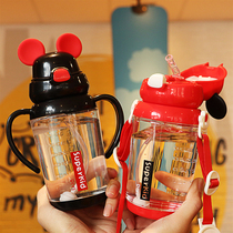 Childrens water cup straw water cup cup go out and carry dual-use water bottle with handle household water bottle anti-fall kindergarten