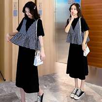 Pregnant womens summer clothes set fashion summer tide hot mom plaid vest long dress Net red summer two-piece set