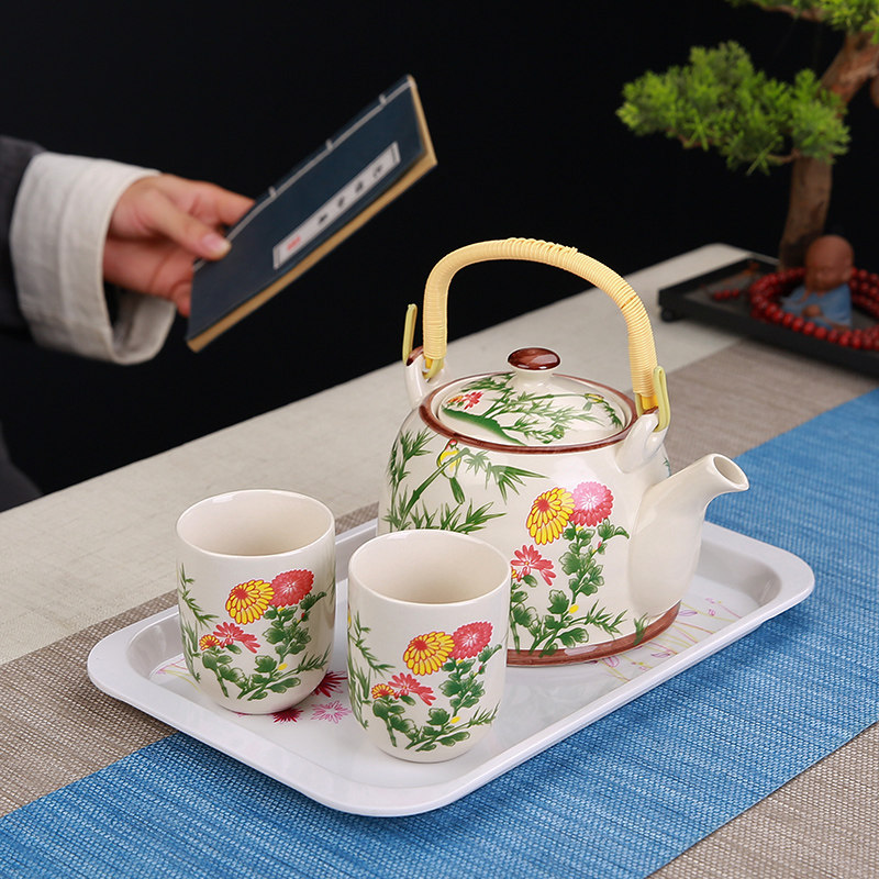 Large number of green flowers teapot tea cup Chinese style retro ceramic Home Tiong fu tea furniture set One pot of two cups of bamboo care