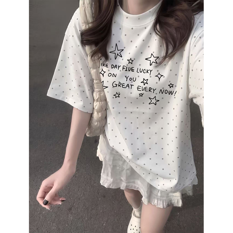 2026 New Popular Star Polka Dot T-Shirt for Girls, Loose Short-Sleeved Summer Top for Middle and High School Students, Trendy