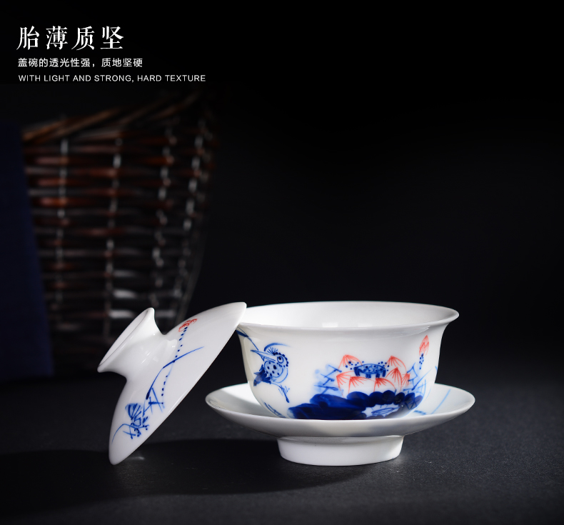 Blue and white porcelain teacup tureen ceramic teapot kung fu tea set Blue - and - white only three bowl of flower tea cups white porcelain bowl