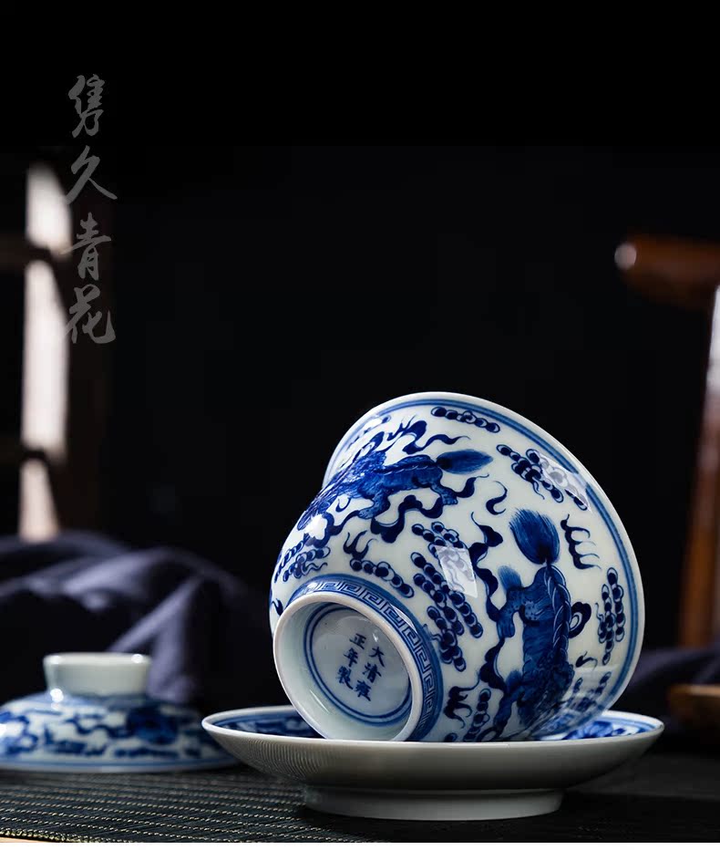 Jingdezhen checking ceramic tureen large kung fu tea tea, blue three worship cup heavy industry to use