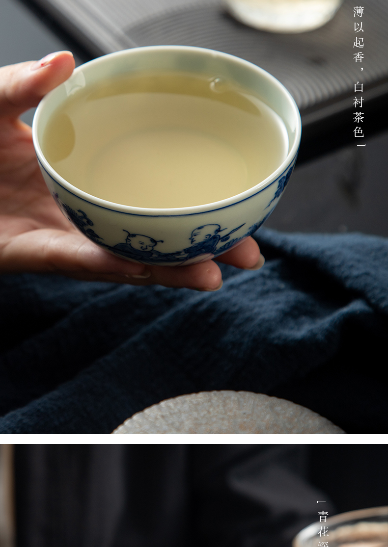 Jingdezhen archaize masters cup ceramic cups cup pure blue and white baby manual hand - drawn characters play kung fu tea cups