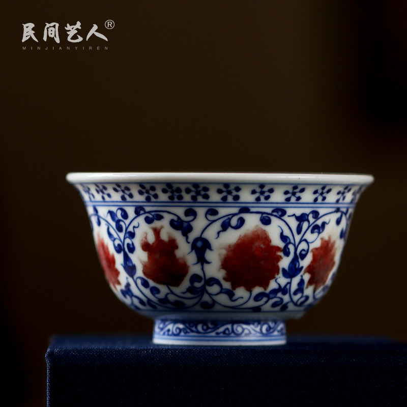 Blue youligong spends pressure hand of jingdezhen pure manual master cup kung fu teacups hand - made ceramic bowl