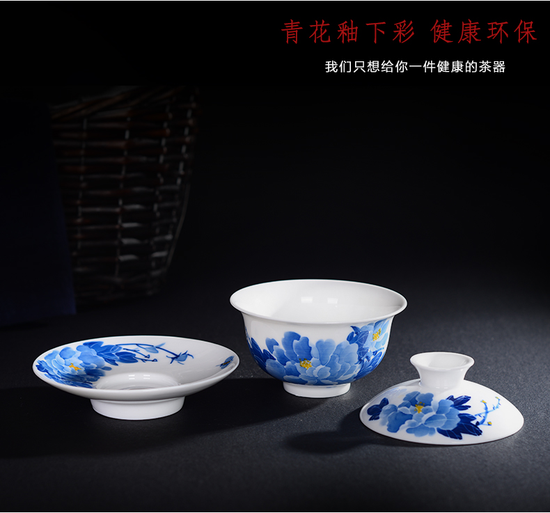 Three to jingdezhen ceramic bowl of tea tureen hand - made kung fu tea set them thin body of blue and white porcelain cup bowl