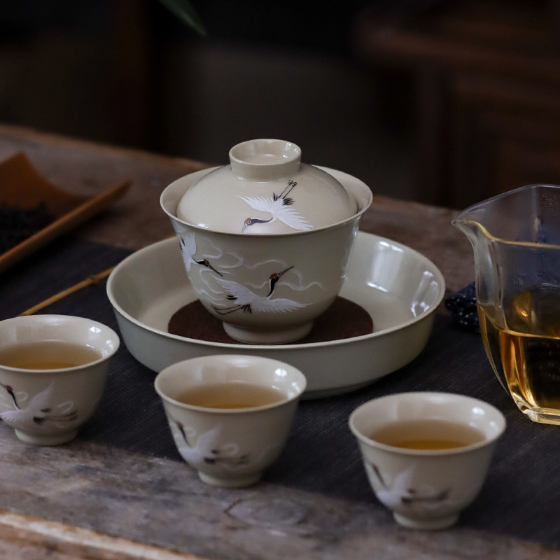 Jingdezhen plant ash hand - made ceramic tea set household contracted kung fu the crane tureen hot tea bowl