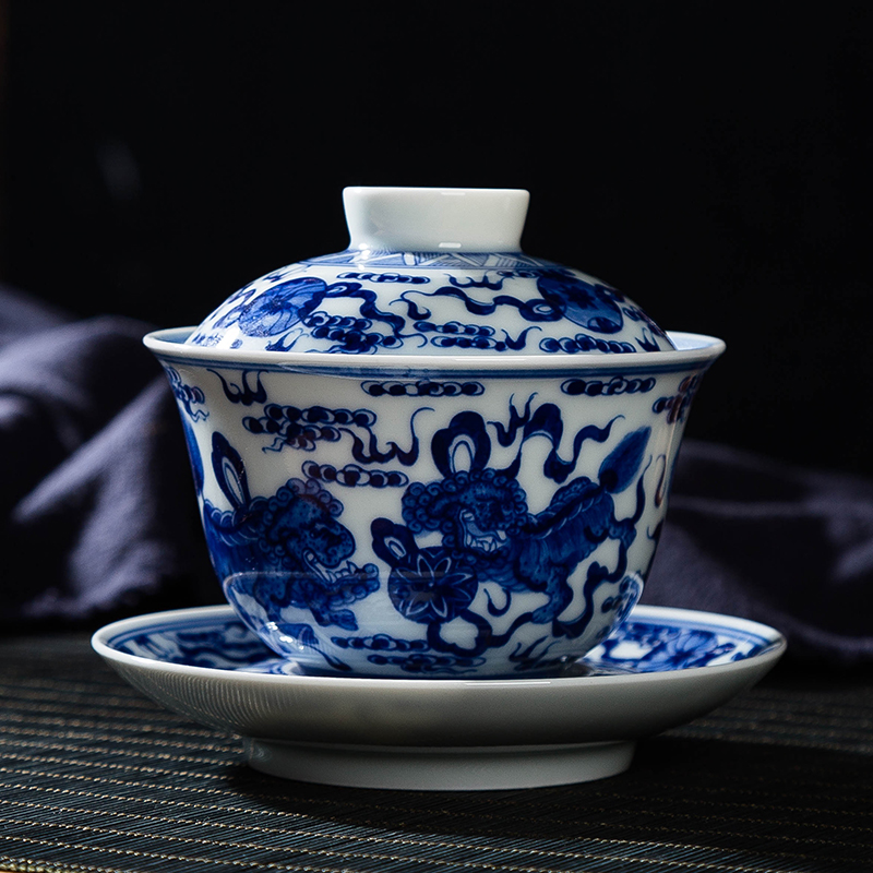 Jingdezhen checking ceramic tureen large kung fu tea tea, blue three worship cup heavy industry to use